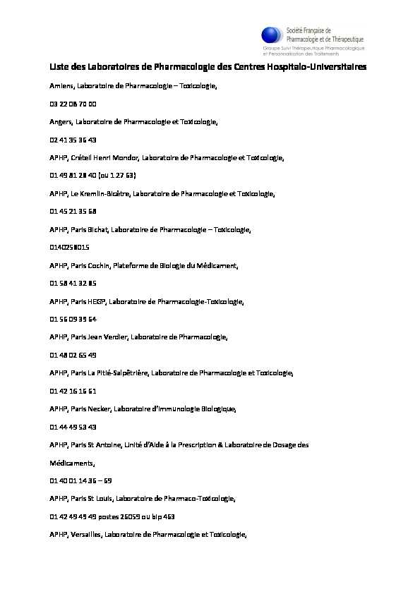 [PDF] Liste des Laboratoires de Pharmacologie des Centres Hospitalo