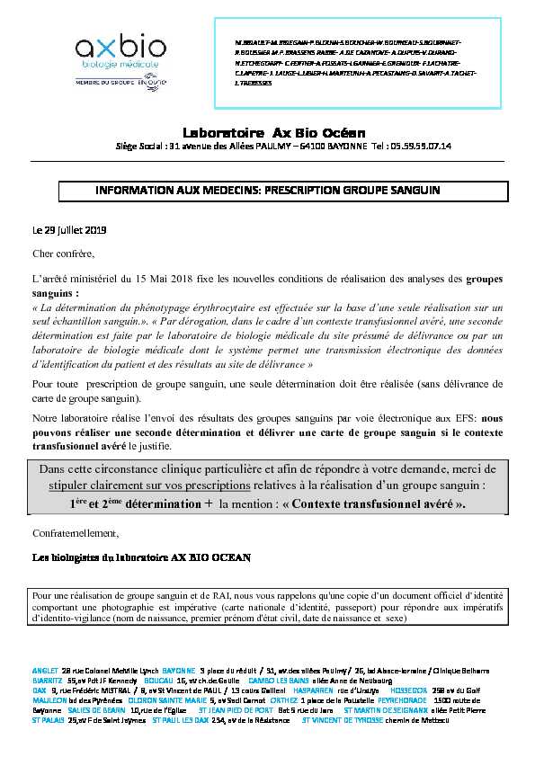 [PDF] information aux medecins: prescription groupe sanguin  ax bio ocean