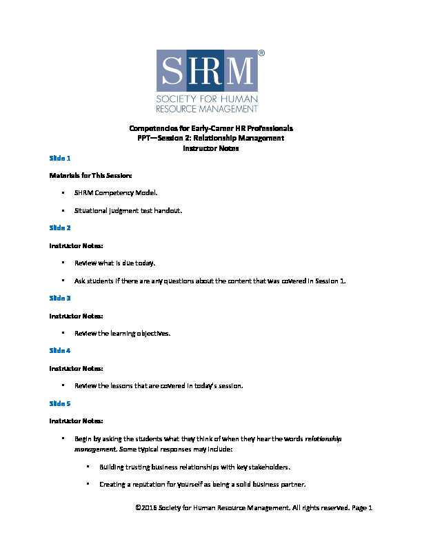 [PDF] Session 2: Relationship Management Instructor Notes - SHRM