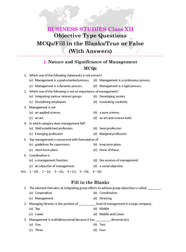 [PDF] BUSINESS STUDIES Class XII Objective Type Questions MCQs/Fill