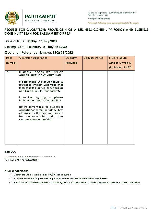 [PDF] REQUEST FOR QUOTATION - Parliament of South Africa