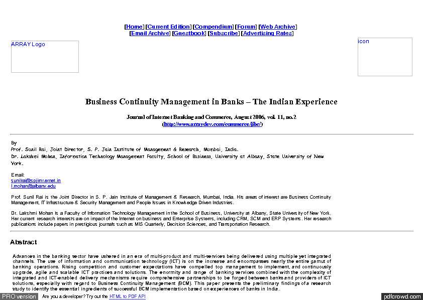 [PDF] Business Continuity Management in Banks – The Indian Experience