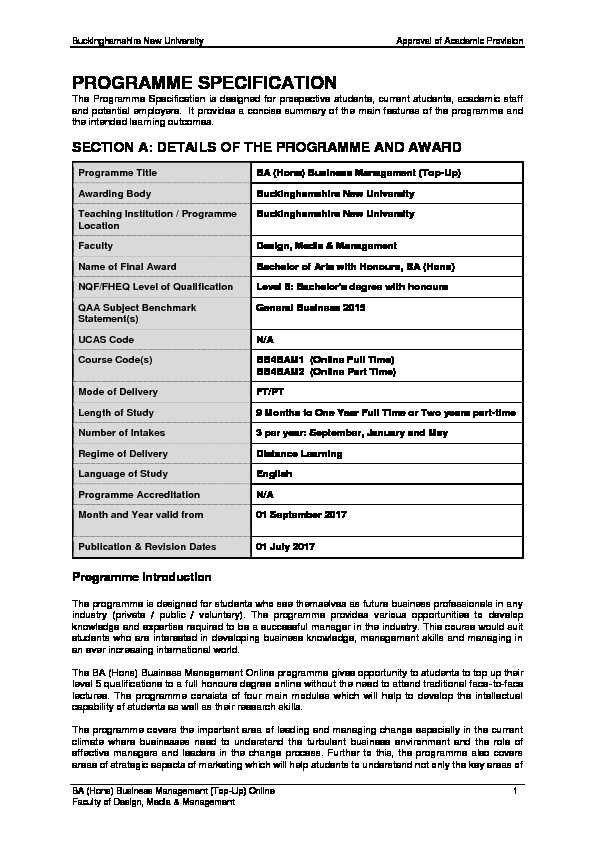 [PDF] BA (Hons) Business Management (Top-Up) Programme Specification