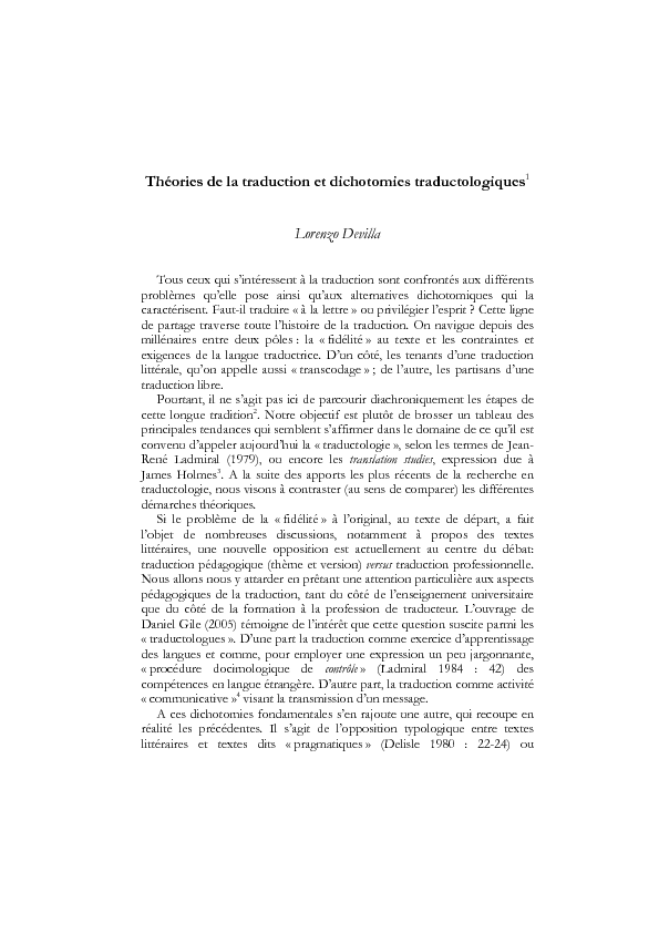 Théories de la traduction et dichotomies traductologiques1