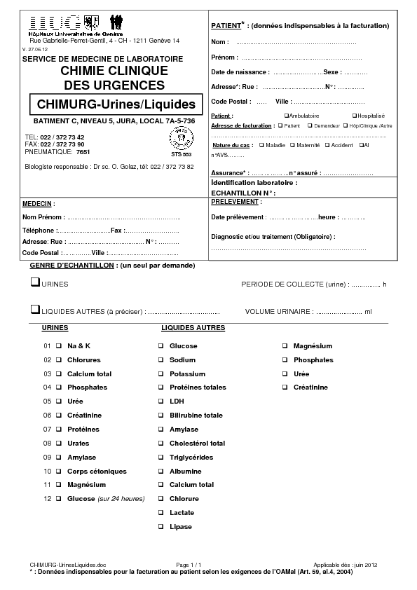 CHIMIE CLINIQUE DES URGENCES CHIMURG-Urines/Liquides