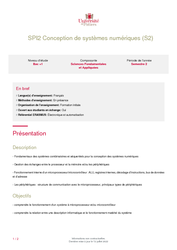 SPI2 Conception de systèmes numériques (S2) Présentation