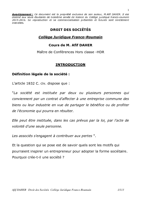 DROIT DES SOCIÉTÉS Collège Juridique Franco-Roumain Cours