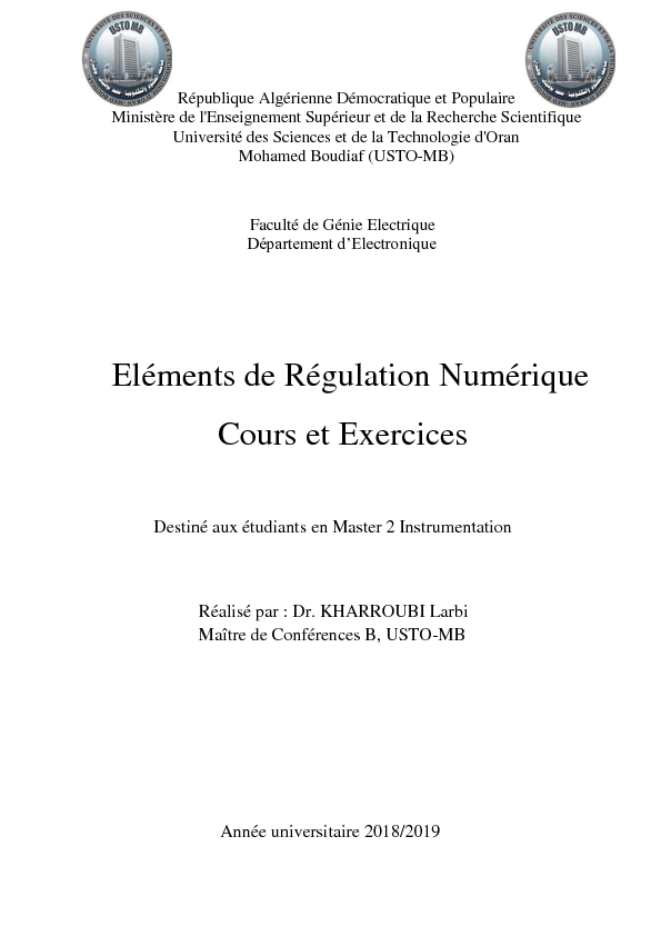 Eléments de Régulation Numérique Cours et Exercices