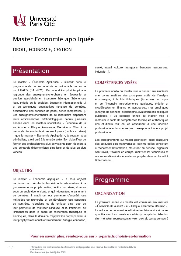 Master Economie appliquée Présentation Programme
