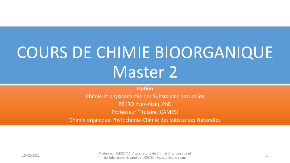 COURS DE CHIMIE BIOORGANIQUE Master 2