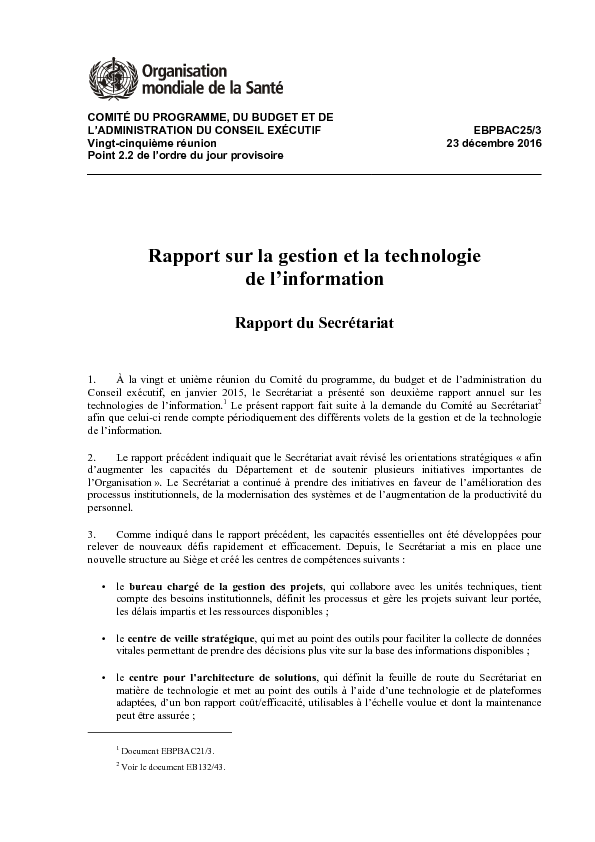 Rapport sur la gestion et la technologie de l'information