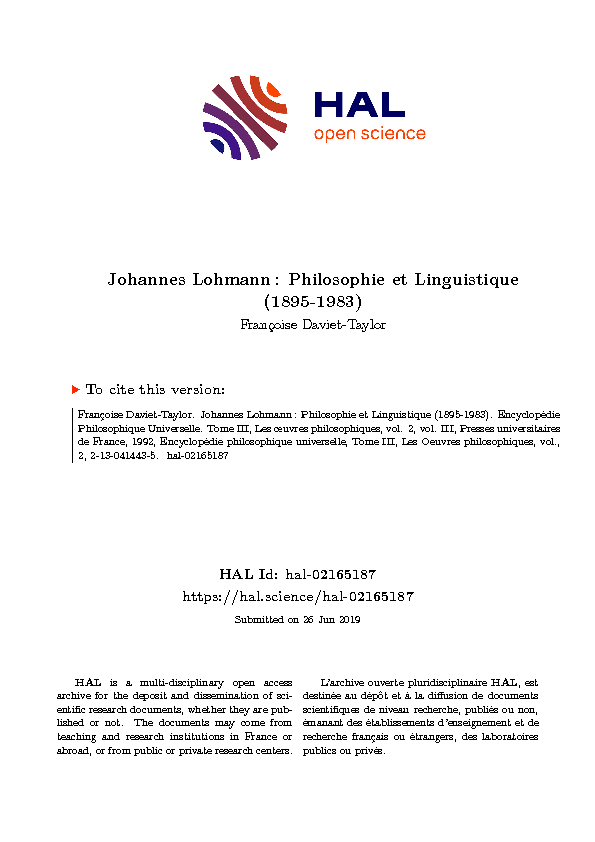 Johannes Lohmann: Philosophie et Linguistique (1895-1983)