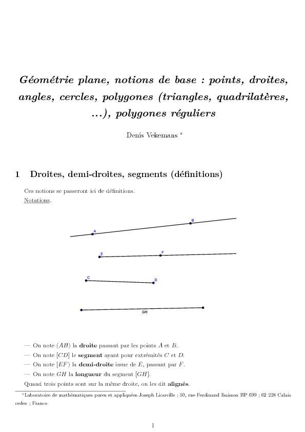 Géométrie plane notions de base : points droites angles cercles