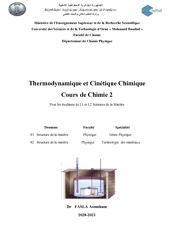 Thermodynamique et Cinétique Chimique Cours de Chimie 2