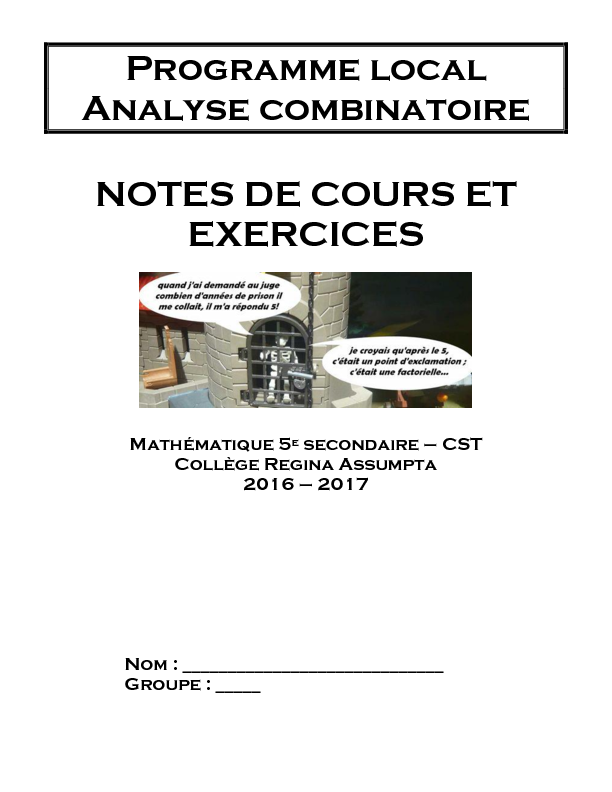 Programme local Analyse combinatoire NOTES DE COURS ET