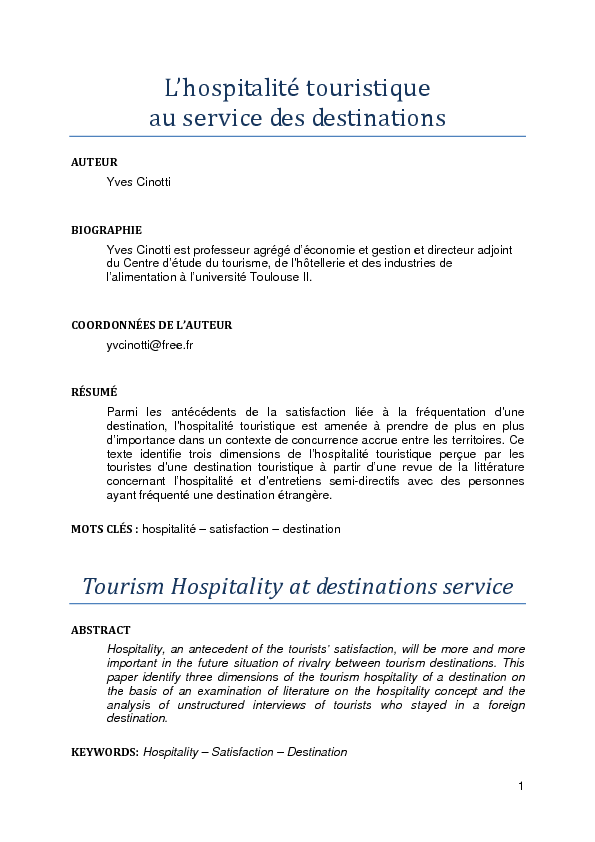 L'hospitalité touristique au service des destinations