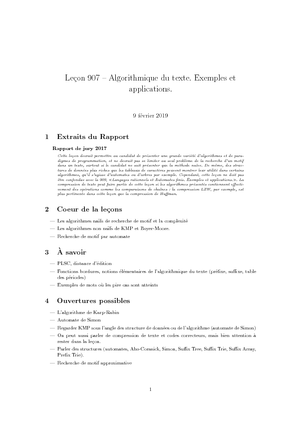 Leçon 907 – Algorithmique du texte Exemples et applications