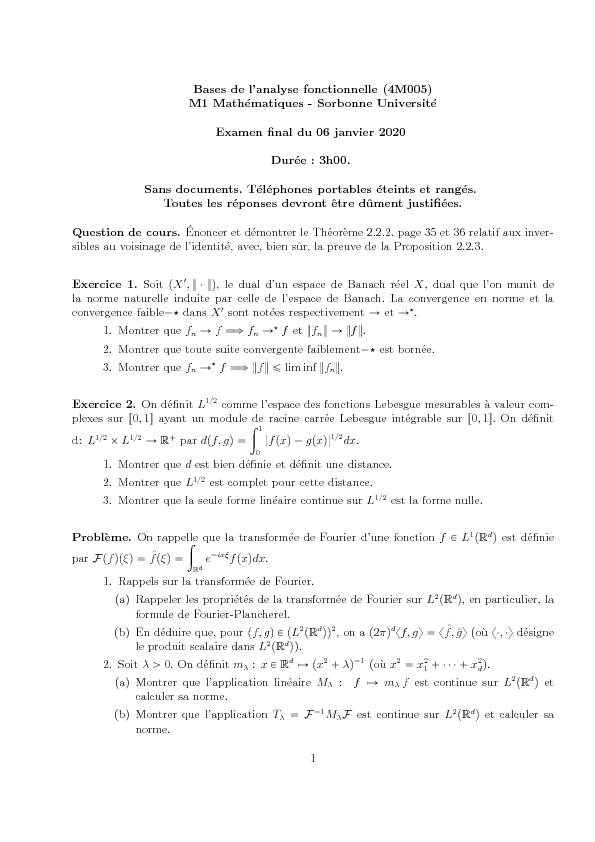 Bases de lanalyse fonctionnelle (4M005) M1 Mathématiques