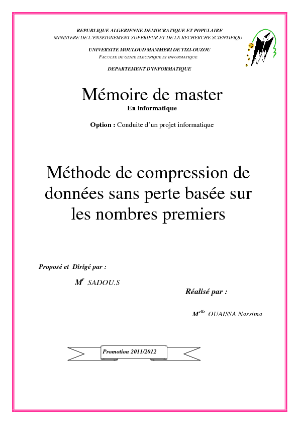 Mémoire de master Méthode de compression de données sans