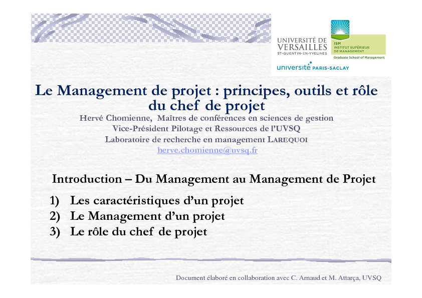 Le Management de projet : principes outils et rôle du chef de projet