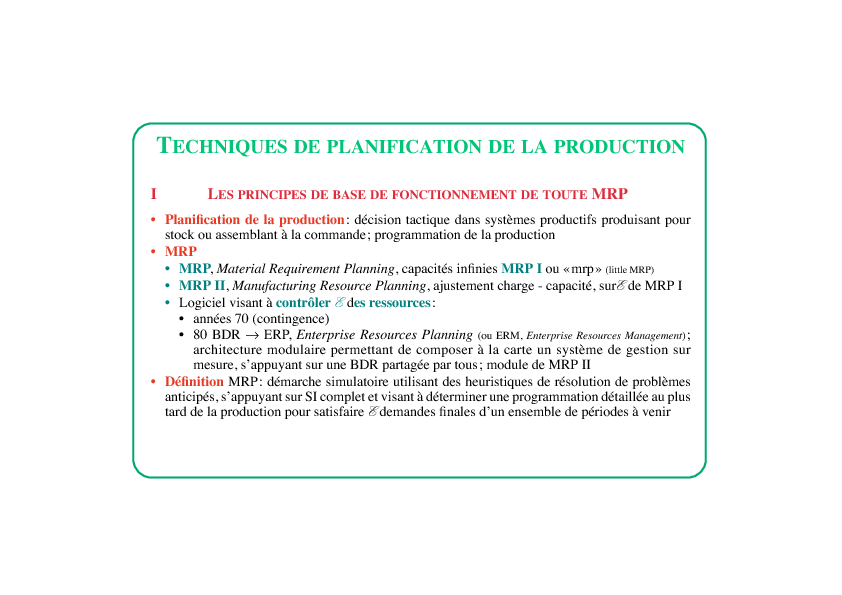 TECHNIQUES DE PLANIFICATION DE LA PRODUCTION
