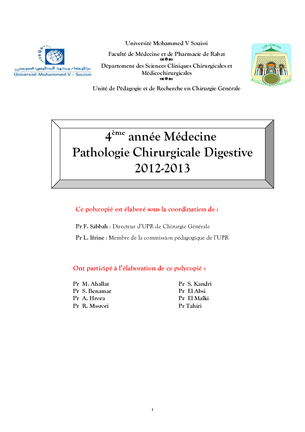 4ème année Médecine Pathologie Chirurgicale Digestive 2012-2013