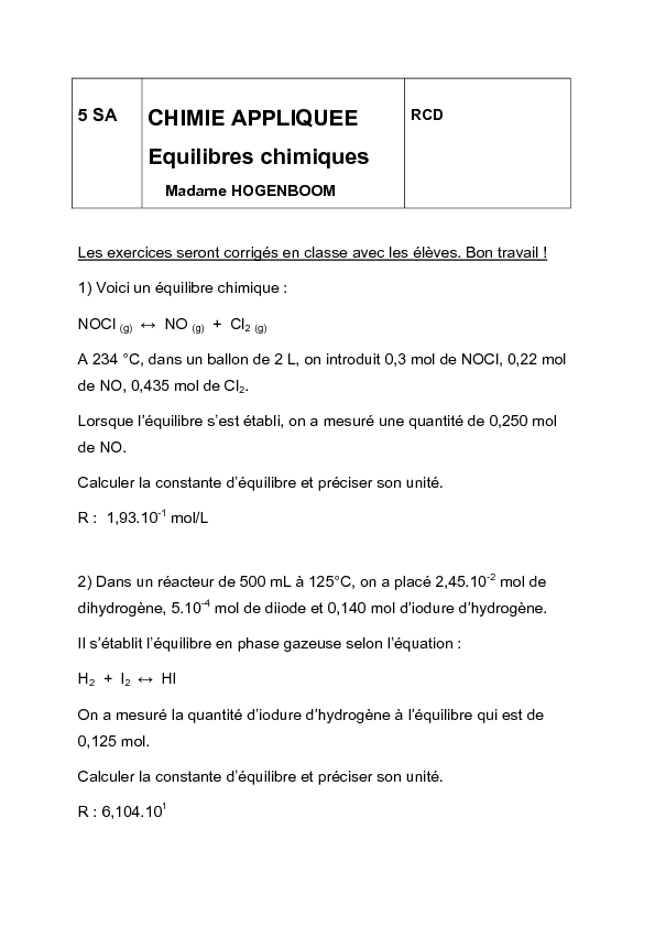 CHIMIE APPLIQUEE Equilibres chimiques