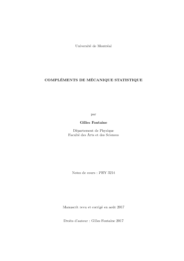 COMPLÉMENTS DE MÉCANIQUE STATISTIQUE par Gilles Fontaine