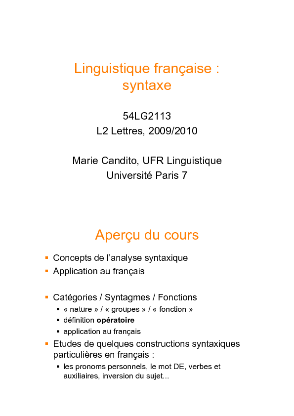Linguistique française : syntaxe Aperçu du cours