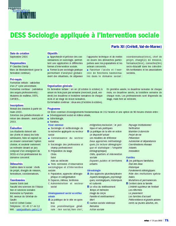 DESS Sociologie appliquée à l'intervention sociale