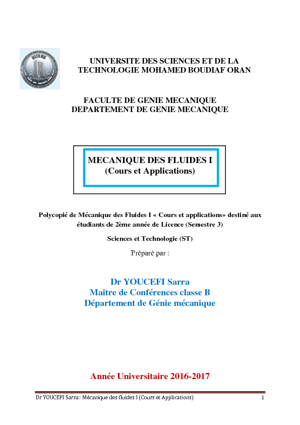 MECANIQUE DES FLUIDES I (Cours et Applications) Dr YOUCEFI