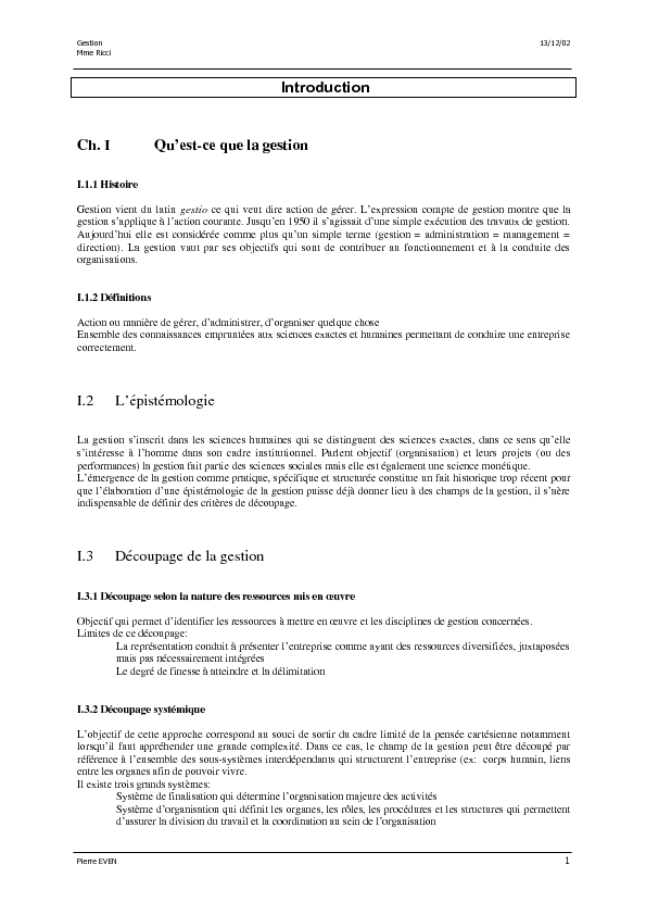 Introduction Ch I Qu'est-ce que la gestion I2 L'épistémologie I3