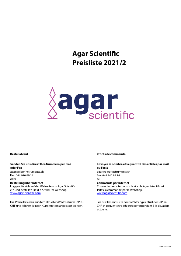 Agar Scientific Preisliste 2021/2
